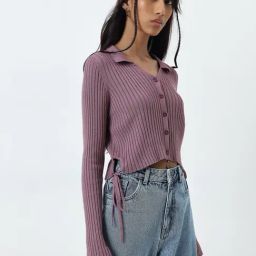 Nuon by Westside Mauve Ribbed-Textured Cotton Blend Top-image-80