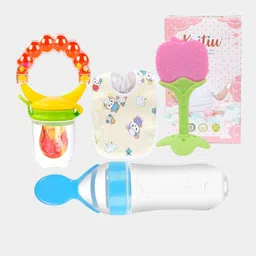 Kritiu Kids Set Of 4 Baby Fruit Feeder Food Feeder Teether & Bib - Blue & Red-16