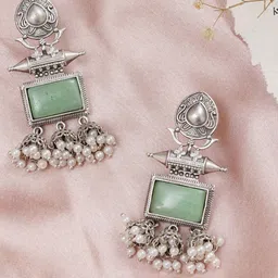 JEWILLEY Parnika Silver-Plated Artificial Stones Studded & Beaded Oxidised Drop earrings-image-80