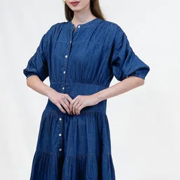 COSMIC TRIO Women Puff Sleeve Tiered Denim Fit & Flare Dress-image-48