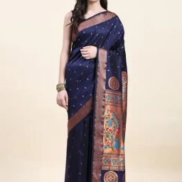 JUST FASHION Navy Silk Woven Saree With Unstitched Blouse-picture-18