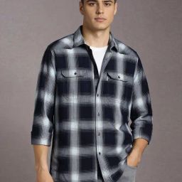 Louis Philippe Navy Cotton Slim Fit Checks Shirt-image-82