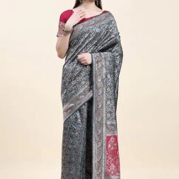 JUST FASHION Teal Green Silk Woven Saree With Unstitched Blouse-image-103
