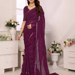 CATCHY FOREVER Embellished Mirror Work Ruffle Saree-20