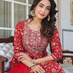 Janasya Women's Red Pure Cotton Floral Printed Yoke Embroidered A-line Kurta Set-20