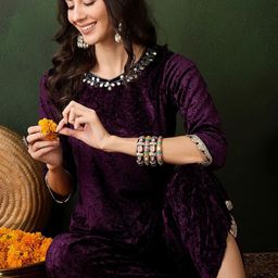 Sangria FloralYoke Design Gotta Patti Velvet Straight Kurta With Harem Pants-image-58