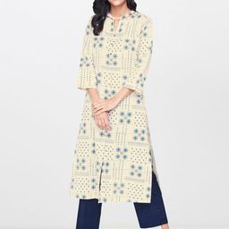 Global Desi Women Beige & Teal Blue Printed Straight Kurta-image-89