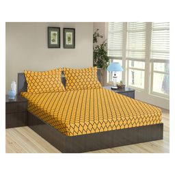 Trance Home Linen Pure Cotton King Size Fitted Bedsheet with Pillow Covers - Grey Mustard-image-85