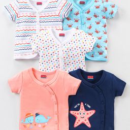 Babyhug 100% Cotton Knit Half Sleeves Star & Fish Printed Vests Pack of 5 - Navy Blue Peach & White-image-58