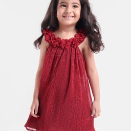 Babyhug Georgette Sleeveless Pleated A Line Party Frock Glitter Print- Maroon-image-17