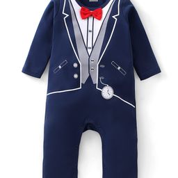 Babyhug 100 % Cotton Full Sleeves Party Suit Printed Romper with Bow - Navy Blue-image-53