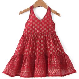 Babyhug Woven Sleeveless Halter Neck Foil Printed Ethnic Dress - Red-image-62