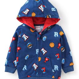 Babyhug Cotton Knit Full Sleeves Hooded Sweatjacket with Zipper & Basket Ball Graphics Print - Navy Blue-image-63