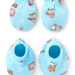 Babyhug 100% Cotton Knit Mittens & Booties Set Owl Print - Blue-image-20