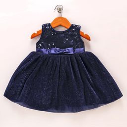 Babyhug Sleeveless Party Frock with Sequins Detailing & Bow Applique - Navy Blue-image-46