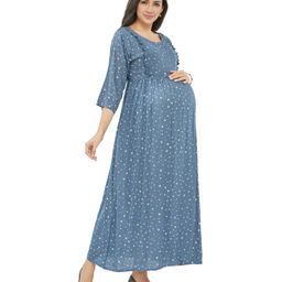 Lovely Mom's Three Fourth Sleeves Star Printed & Frill Detailed  A Line Long Dress With Concealed Zipper Nursing Access - Blue-50