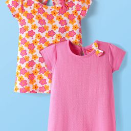Babyhug Single Jersey Knit Half Sleeves Frocks With Floral Print & Bow Applique Pack of 2 - Yellow & Pink-image-72