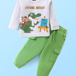 Babyhug Single Jersey Knit Full Sleeves T-Shirt & Lounge Pants Set With Animal Print - White & Green-image-86