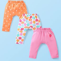 Babyhug Interlock Knit Full Length Diaper Leggings With Strawberries & Polka Dots Print Pack Of 3 - Pink Off White & Orange-image-80