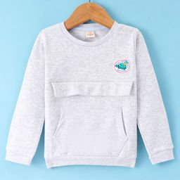 Olio Kids Cotton Knit Full Sleeves Winter T-Shirt with Kangaroo Pocket & Turtles Patch - Light Grey-image-82