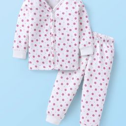 Babyhug Full Sleeves Front Open Thermal Vest & Legging Set with Floral Print - White-image-53