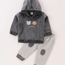 Be Baby Velvet Knit Full Sleeves Hooded Winter Wear Suit with Animal Patch - Grey-image-39