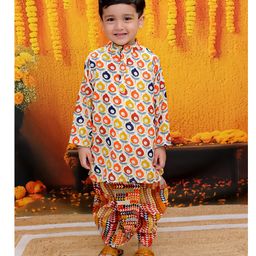 BownBee Cotton Full Sleeves Abstract & Flower Printed Kurta with Dhoti - Beige-picture-27