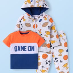 Babyhug Terry Knit Full Sleeves Front Open Game on Theme Print Hodded Sweatjacket & Lounge Pant Set with Text Printed T-Shirt - White Blue & Orange-image-119