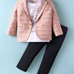 Rikidoos Cotton NYC Text Printed Tee & Pant With Full Sleeves Striped Blazer Set - Peach & Navy Blue-picture-41