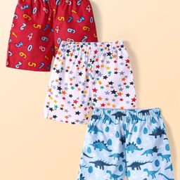 Babyhug Poplin Woven Boxers with Numbers Stars & Dino Print Pack of 3 - Red White & Light Blue-image-4