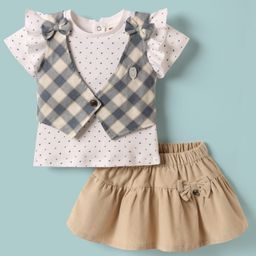 ToffyHouse Knit Frill Sleeves Heart Printed Top & Skirt Set With Checks Waistcoat - White & Beige-picture-0
