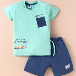 Teddy Sinker Knit Half Sleeves T-Shirt & Shorts Set With Island Print - Sea Green-image-6