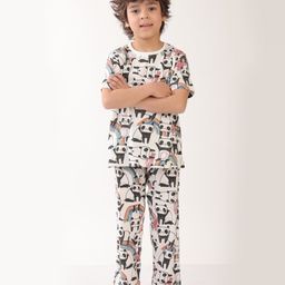 Anthrilo 100% Organic Cotton Knit Half Sleeves Baby Panda & Rainbow Printed Coordinating Night Suit Set - White-image-89