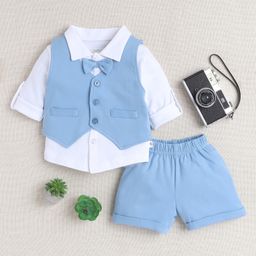 BUMZEE Cotton Full Sleeves Solid 3 Piece Party Suit Set With Attached Bow - Powder Blue & White-image-98