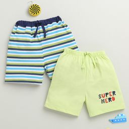 BUMZEE Cotton Pack Of 2 Striped & Super Hero Text Printed Shorts - Green & Multi Colour-image-97