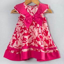 Hugsntugs Woven Cotton Sleeveless Abstract Printed Bow Applique Lace Embellished Dress - Dark Pink-image-55