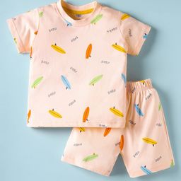 Zero Sinker Knit Half Sleeves Shorts Co-ord Night Suit with Surf Board Print - Peach-picture-35