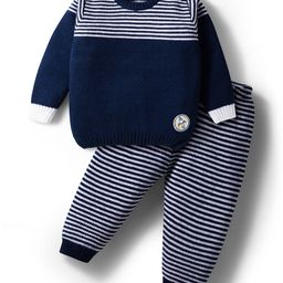 Babyhug Knit Full Sleeves Striped Sweater Set - Navy Blue-picture-27