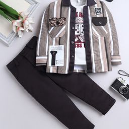 Fourfolds Cotton Blend Woven Full Sleeves Striped Shirt & Trousers With Tee Set - Dark Brown-picture-41