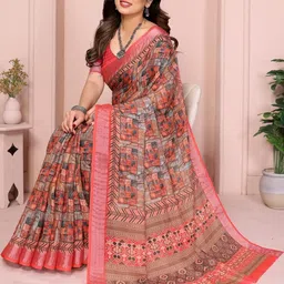 vj fashion Brown Linen Blend Printed Sarees-54