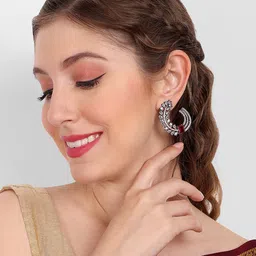 Manuvi Jewels Rhodium-Plated American Diamond Studded Oxidised Contemporary Studs Earrings-0