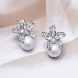 Rubans Rhodium Plated Sparkling AD & Cubic Zirconia Studded Floral Pearl Drop Earrings-5