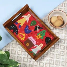 VarEesha Hand Made Teak Wood Applique Work Serving Tray with Glass Top - Set of 1-40