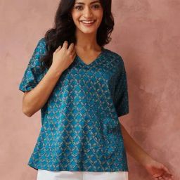 Fabindia Turquoise Printed Top-picture-22