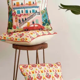Chumbak Red Countryside Ikkat Cushion Set of 3-3