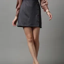 SHOWOFF Women's Straight Solid A-Line Grey Mini Skirt-image-35