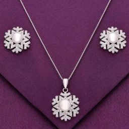 Kai Jewel Sterling Snowflake Diamond and Pearl Pendant with Chain & Earrings Set for Women-22