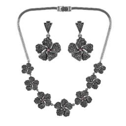 Rihi by P.C. Chandra Jewellers Oxidized Flower Necklace And Earring Set With Pink Stone-15