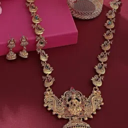 Zaveri Pearls Pink & Green Alloy Haram Necklace & Earring Set-image-81