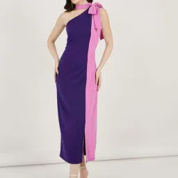 Styli Navy Blue Color-Block Bodycon Dress-image-82